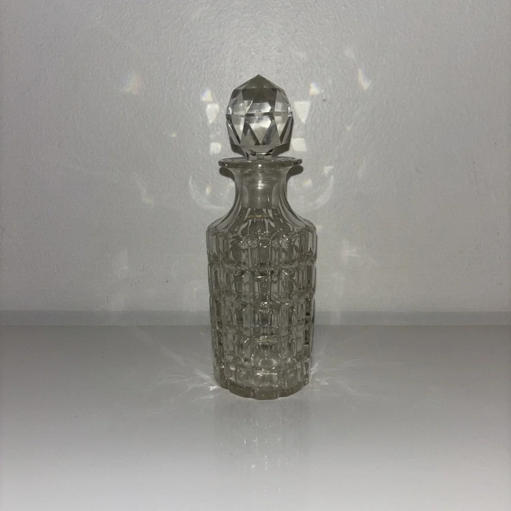 Large Cut Glass Cologne Perfume Bottle Stopper Cube Design 1940's MCM Glamour